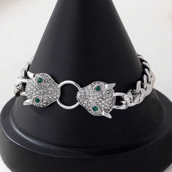 Stampd Jewelry - Silver Crystal Panther Head Chain Bracelet with Green Eyes